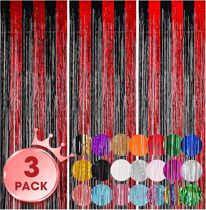 Voircoloria 3 Pack 3.3x8.2 Feet Red and Black Foil Fringe Backdrop