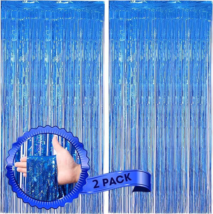 Voircoloria 2 Pack Laser Blue Foil Fringe Backdrop Curtains, Tinsel