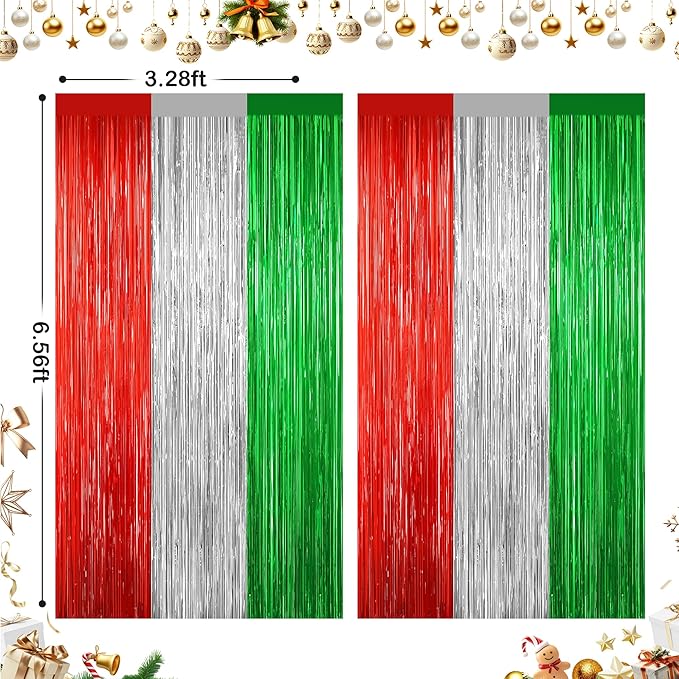 2 Pack Christmas Backdrop, Red Silver Green Party Streamer, Metallic