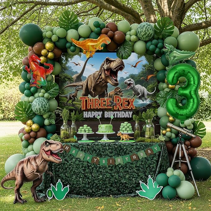 T Rex Dinosaur Birthday Decorations include Dark Green Brown Gold