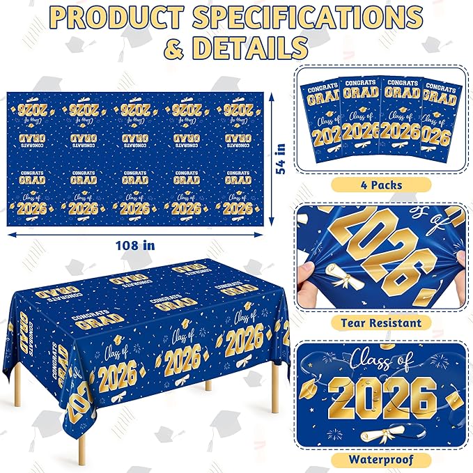 QZYL 4 Pack Graduation Decorations 2026, 54" x 108" Blue and Gold