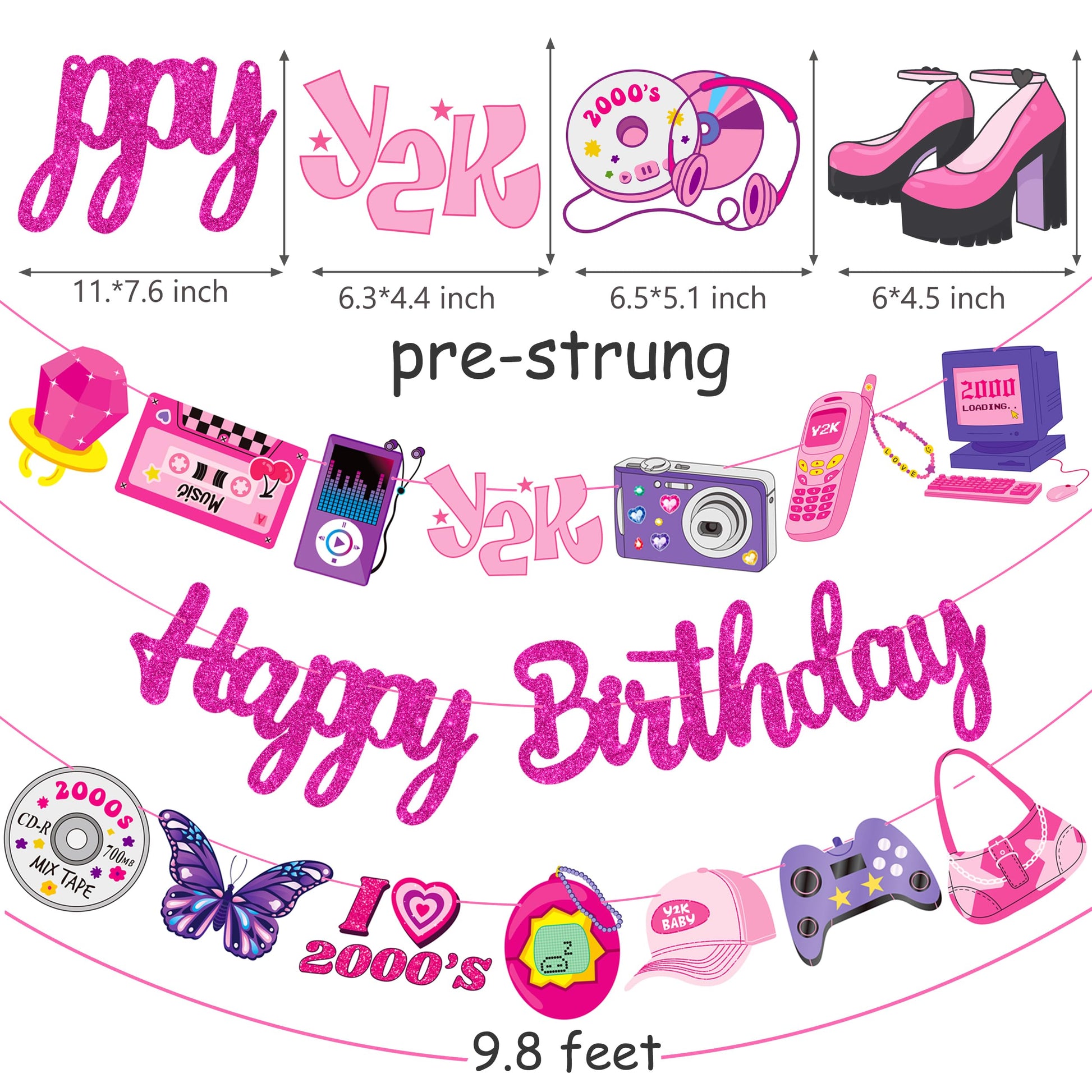 3pcs Y2K Birthday Party Banners 2000s Pink Birthday Party Decorations