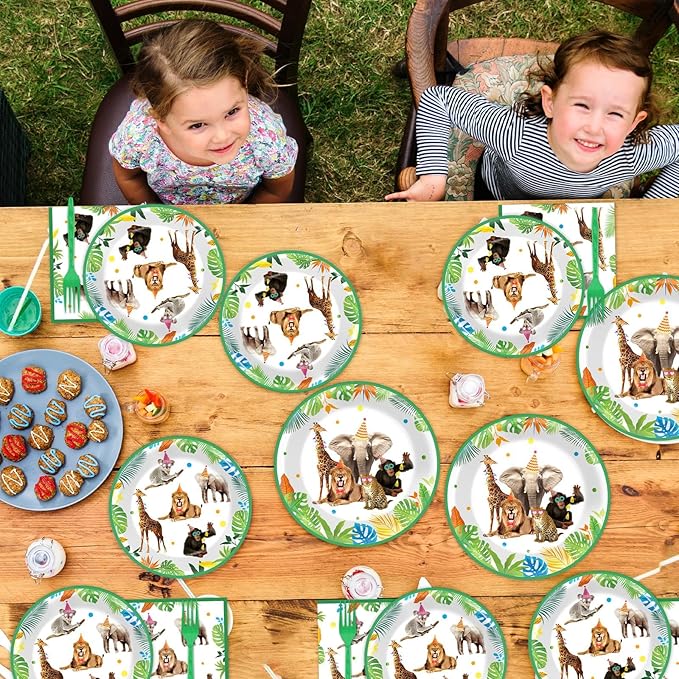 96Pcs Jungle Birthday Party Plates and Napkins Safari Animals Themed