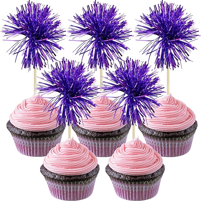 Gyufise 30Pcs Foil Firework Cupcake Toppers Sparkle Tinsel Cake #14