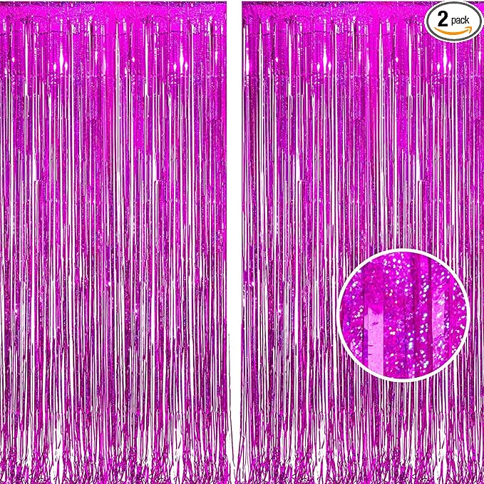 BRAVESHINE Hot Pink Tinsel Foil Fringe Curtains - 2Pcs 3.2x8.2ft