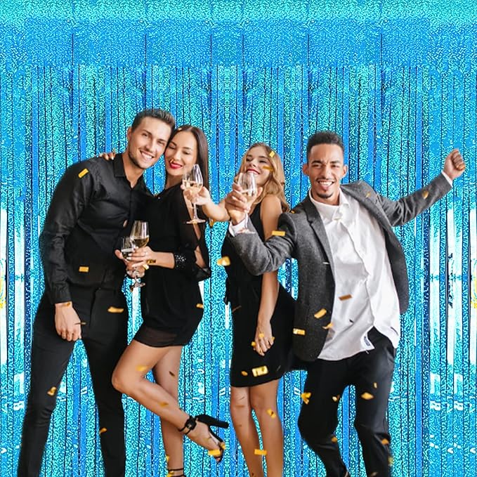2 Pack 3.2ft x 8.2ft Blue Foil Fringe Curtains Photo Backdrop Party