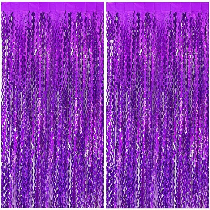 2 Pack Purple Backdrop Tinsel Foil Fringe Curtains Sparkle Metallic