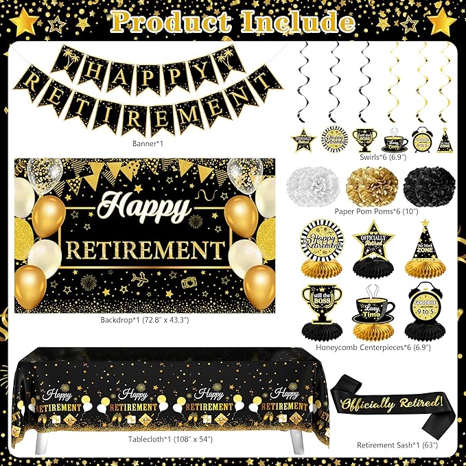 Retirement Party Decorations for Men Women 109Pcs Black Gold Happy