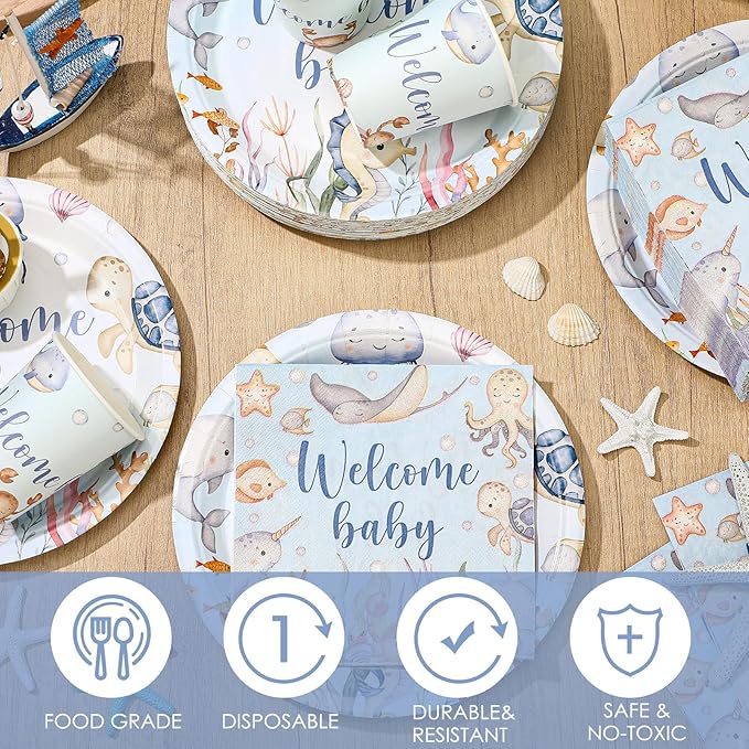 200 Pcs Under the Sea Baby Shower Paper Plates Napkins Cups Baby
