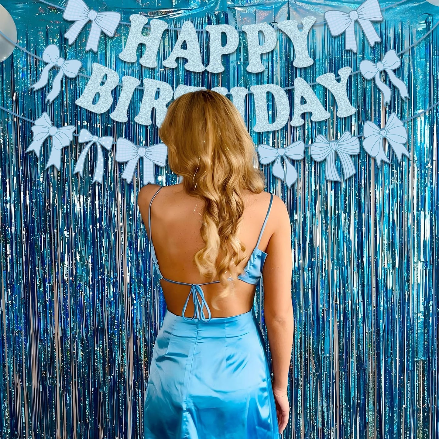 Pre-Strung Blue Bow Decorations Glitter Happy Birthday Banner Bow