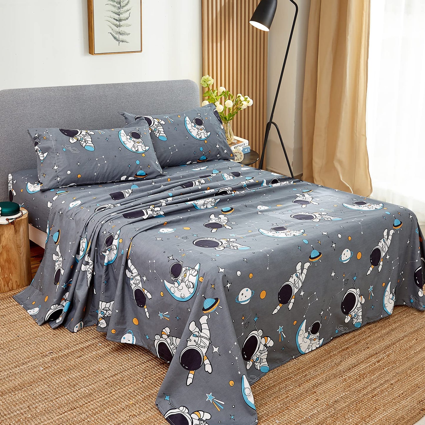 JSD Grey Astronaut Kids Sheet Set Twin Size, 3 Piece Boys Space