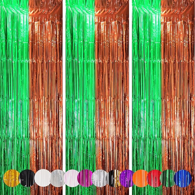 Voircoloria 3 Pack 3.3 x 8.2 ft Green and Brown Foil Fringe Backdrop
