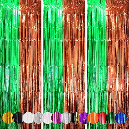 Voircoloria 3 Pack 3.3 x 8.2 ft Green and Brown Foil Fringe Backdrop