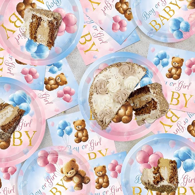 142 Pcs Bear Gender Reveal Decorations Bear Themed Plates Cups and