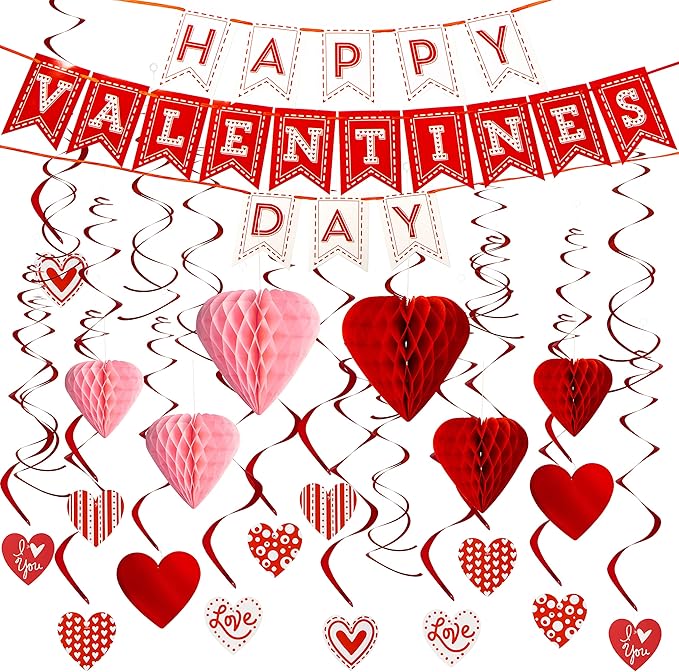 31 Pcs Valentines Day Swirl String Cutout Decoration Kit with Banner