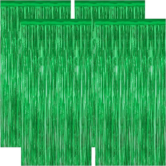 4 Pack Green Streamers, 3.28 FT x 7.05 FT Birthday Tinsel Backdrop,