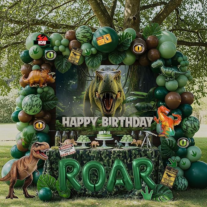 ROAR Dinosaur Birthday Decorations include Sage Green Brown balloon
