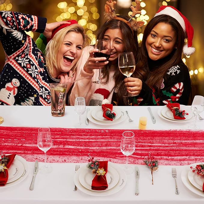 Snowkingdom Red Christmas Table Runner 10 FT, Glitter Metallic Foil