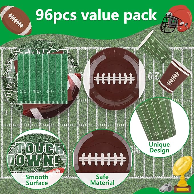 Football Party Supplies Set for 24 Disposable Paper Plates and