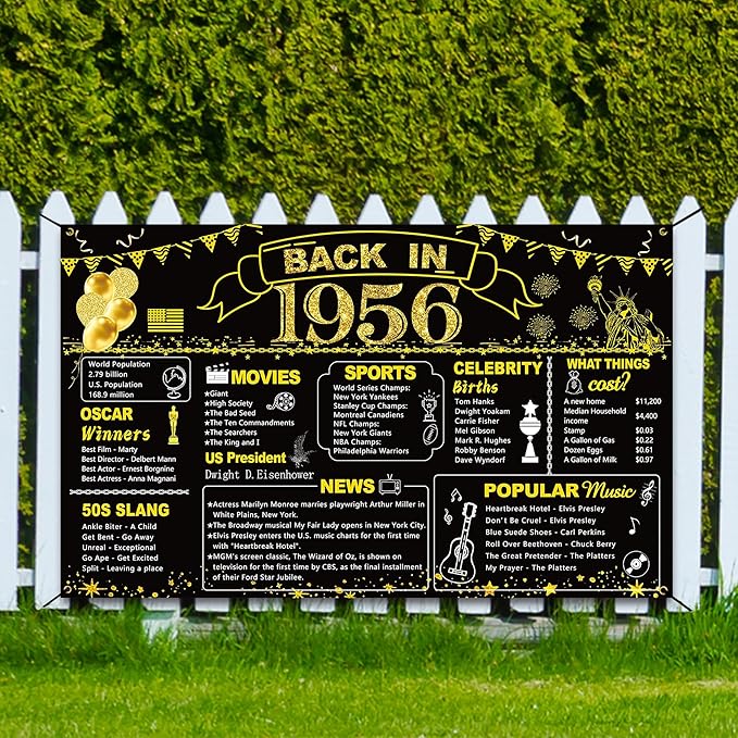 DARUNAXY 70th Birthday Black Gold Party Decoration, Back in 1956