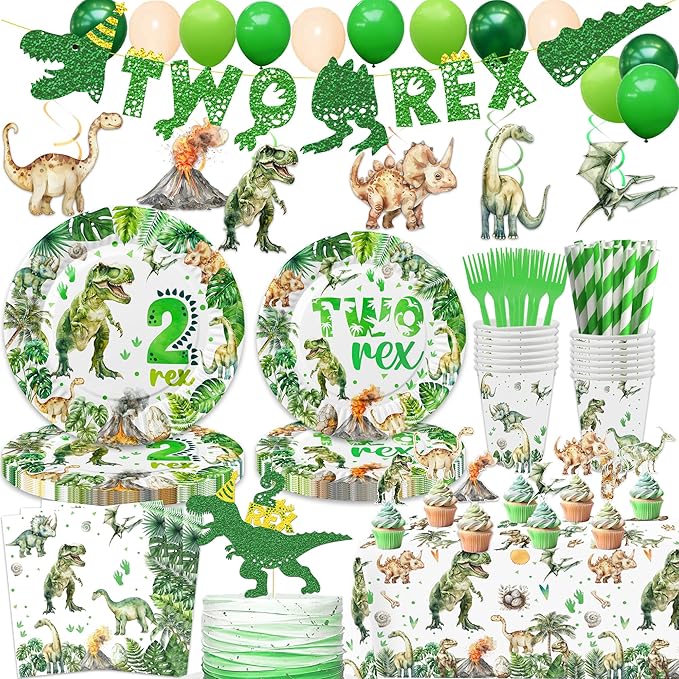 206 Pcs Dinosaur 2nd Birthday Party Supplies Green Dino Two Rex