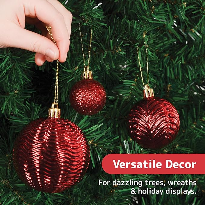 Prextex 36-Pieces Red Christmas Ornaments Set - Shatterproof, Festive