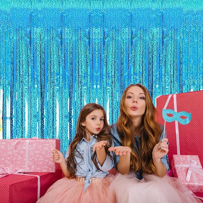 2 Pack 3.2ft x 8.2ft Blue Foil Fringe Curtains Photo Backdrop Party
