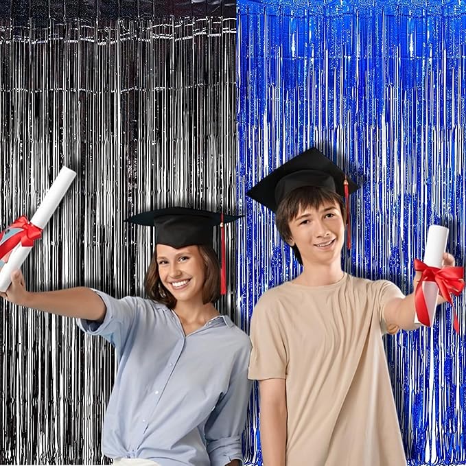 BRAVESHINE Foil Fringe Curtains - Black Blue Metallic Tinsel Photo