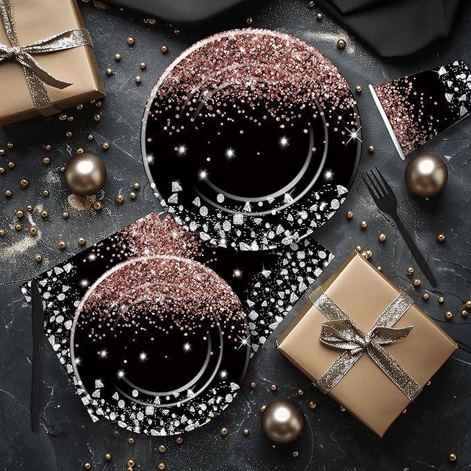 Xigejob Rose Gold And Black Party Decorations Tableware - Glitter