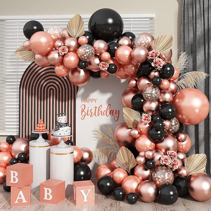 Rose Gold and Black Balloon Arch Kit 102pcs Matte Black and Metallic