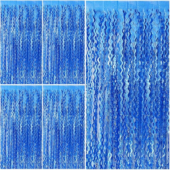 Blue Tinsel Foil Fringe Curtains Wavy Backdrop for Parties Sparkle