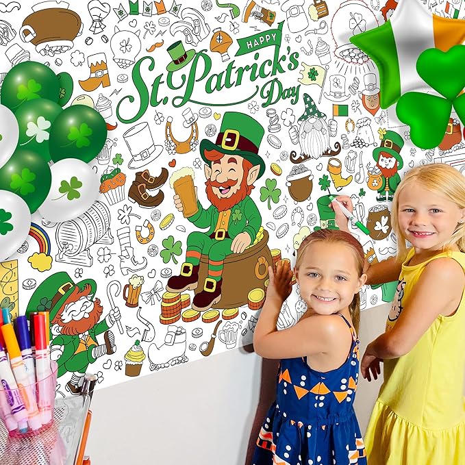 St Patrick's Day Coloring Tablecloth for Kids Giant 30x72 Inch