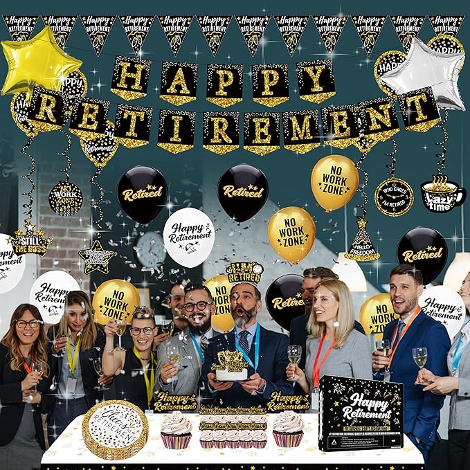 Happy Retirement Party Decorations supplies 80pack black gold party