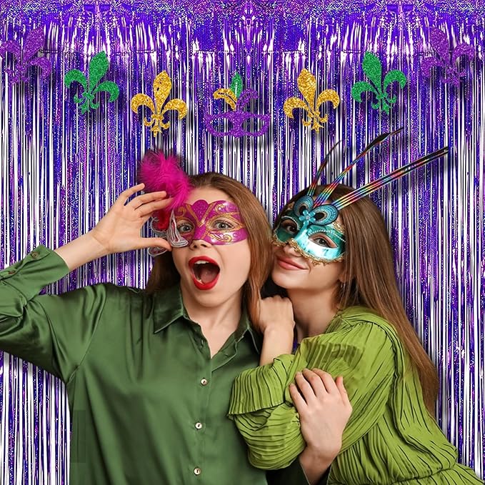 BRAVESHINE Purple Tinsel Foil Fringe Curtains - 2Pcs 3.2x8.2ft Party
