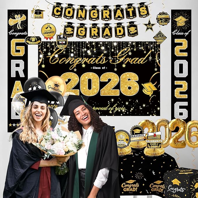 Graduation Decorations 2026 Black and Gold Party Supplies