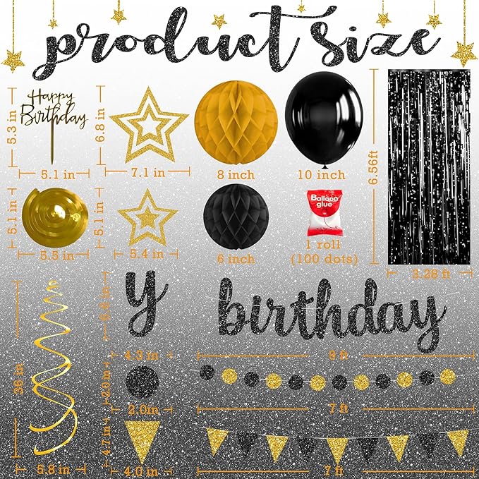 Black and Gold Birthday Party Decorations Set - Happy Birthday Banner