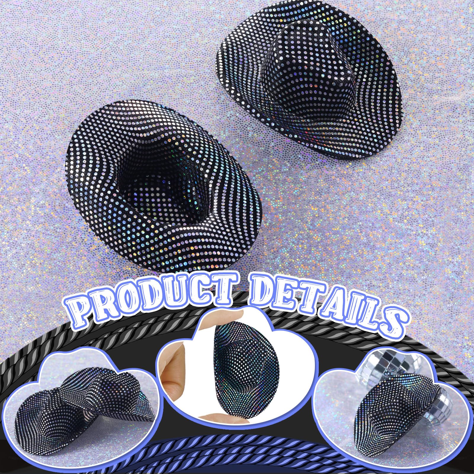 Sotiff 12 Pcs Mini Cowboy Hat Tiny Disco Glitter Hats for Crafts Black