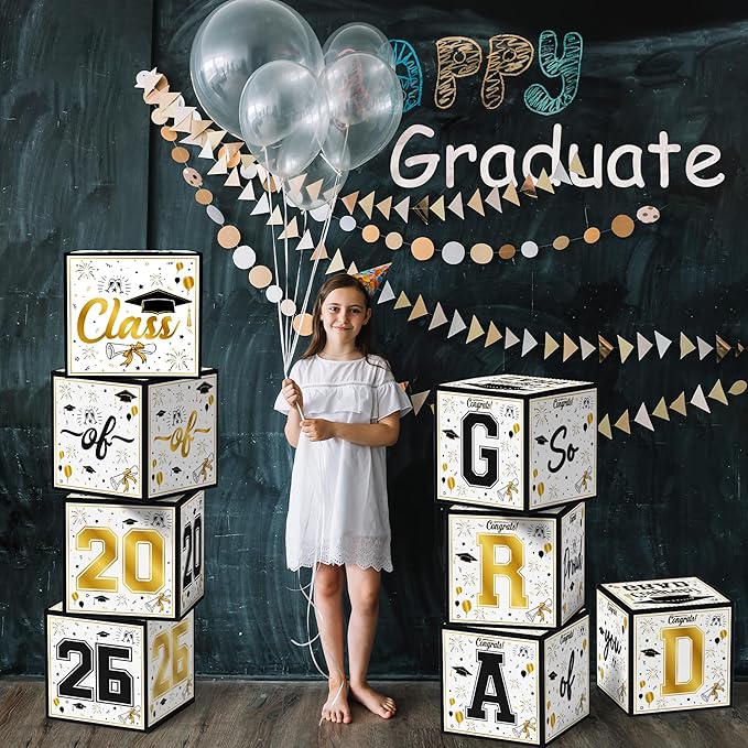 OHOME 8 Pack Graduation Decorations 2026 - Black Gold Balloon Boxes