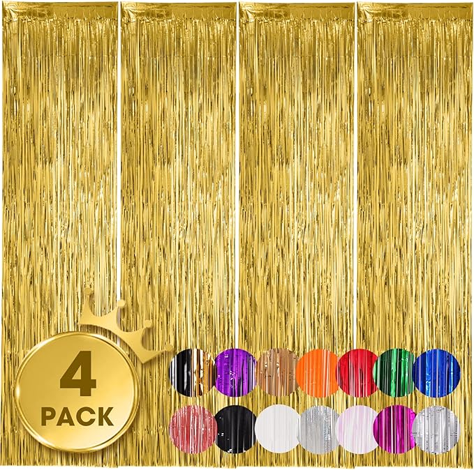 Voircoloria 4 Pack Gold Foil Fringe Backdrop Curtains, Tinsel