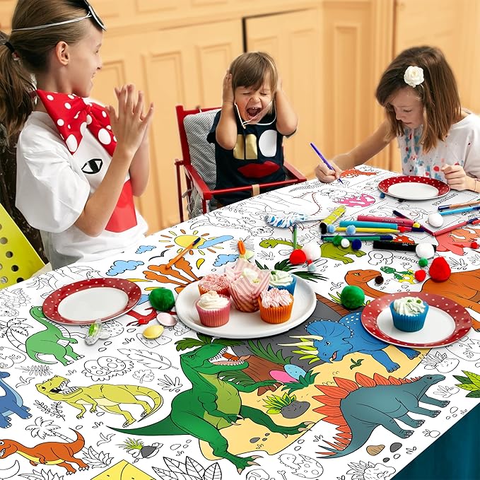 Dinosaur Coloring Tablecloth for Kids Jumbo 30x72 Inch Poster with