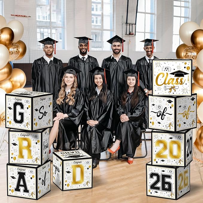 OHOME 8 Pack Graduation Decorations 2026 - Black Gold Balloon Boxes