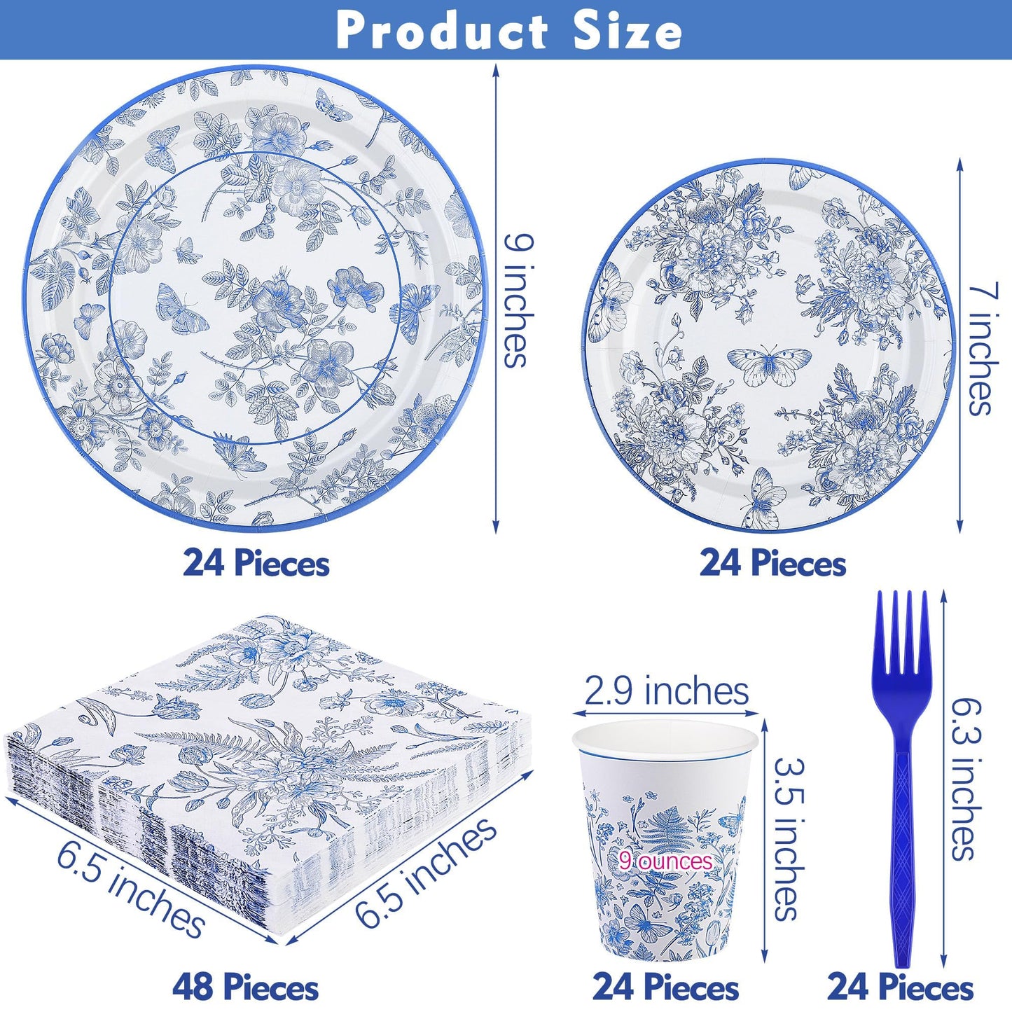 durony 144 Pieces Blue and White Flower Disposable Tableware Set 9