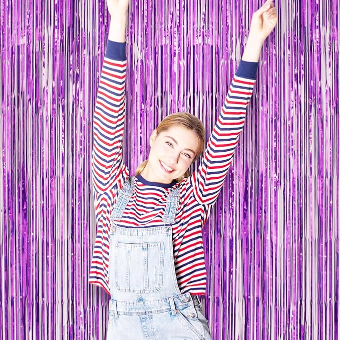 Voircoloria 3 Pack 3.3 x 8.2 ft Laser Purple Foil Fringe Backdrop