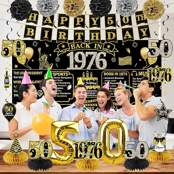 50th Birthday Decorations for Men Women 21pcs the Year 1976 Banner