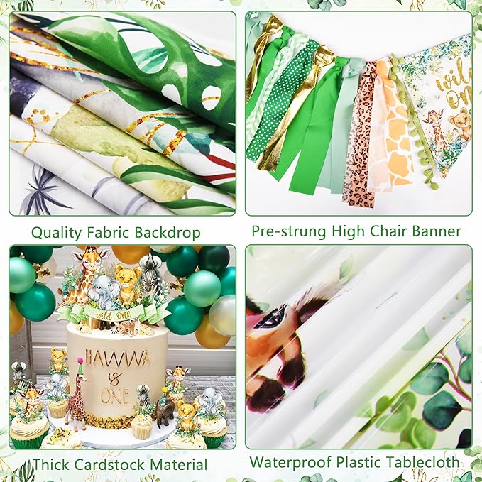 Wild One Birthday Decorations for Boys & Girls 114 Pcs Green Safari