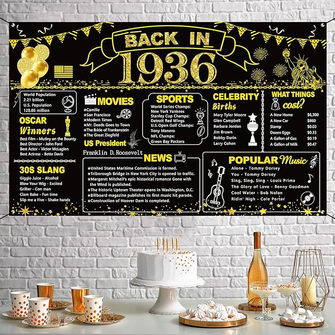 DARUNAXY 90th Birthday Black Gold Party Decoration, Back in 1936