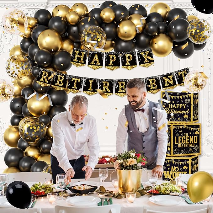 Happy Retirement Party Decorations Kit for Men Women Black Gold
