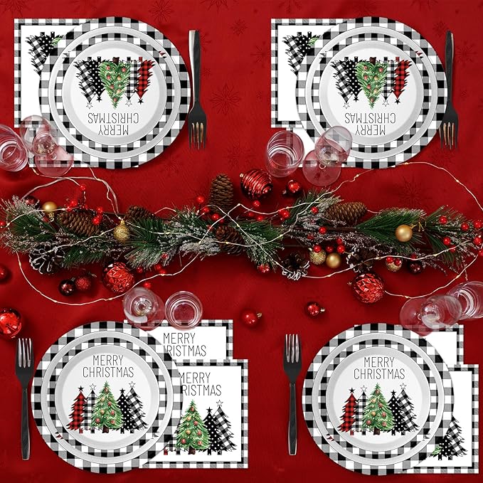 96 Pieces Buffalo Plaid Christmas Tree Tableware Set for Christmas