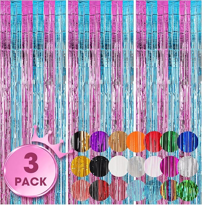 Voircoloria 3 Pack 3.3x8.2 Feet Blue and Pink Foil Fringe Backdrop