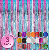 Voircoloria 3 Pack 3.3x8.2 Feet Blue and Pink Foil Fringe Backdrop